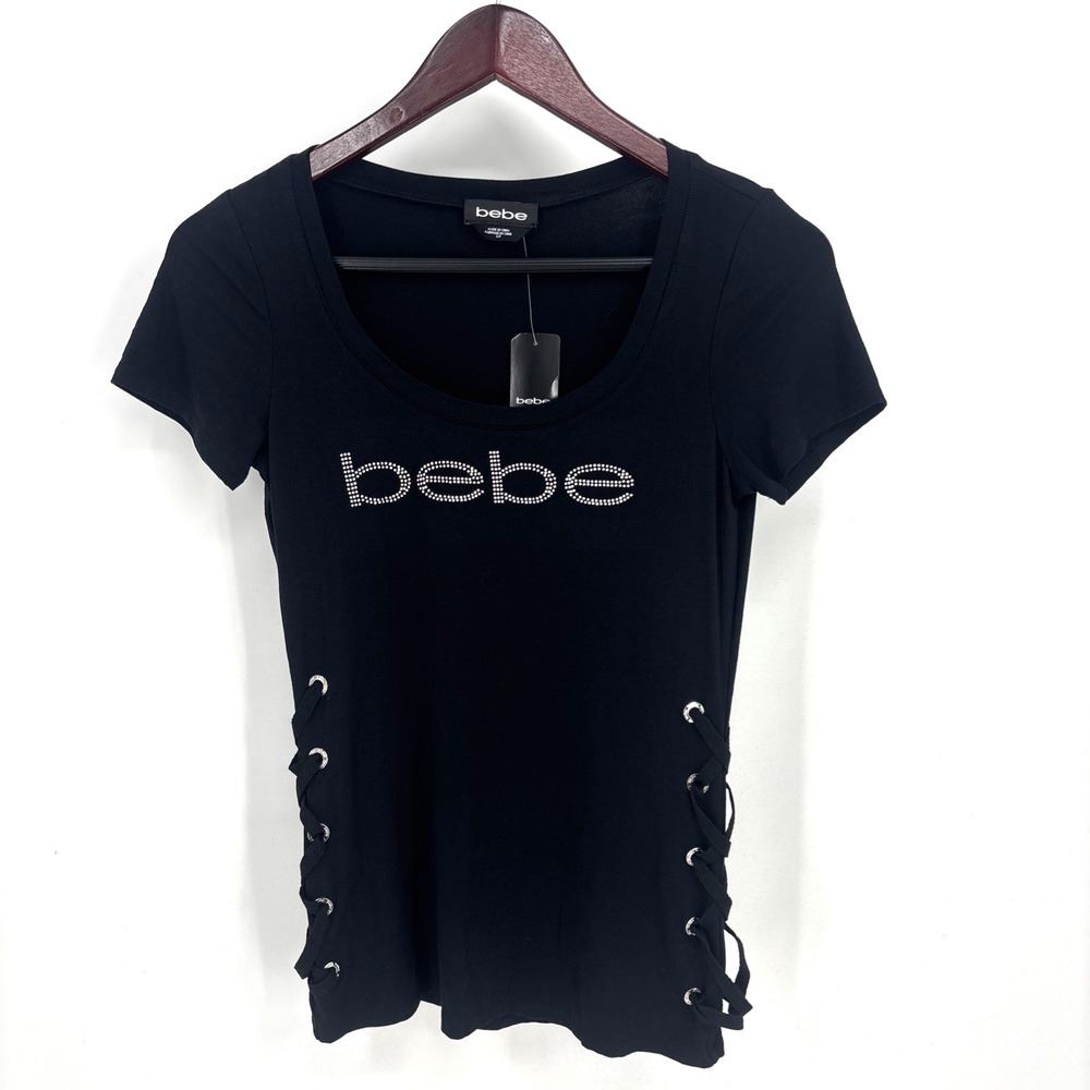NWT Bebe Eyelet Ties Scoop Tee Rhinestone Logo T-Shirt Small Black NEW Y2K